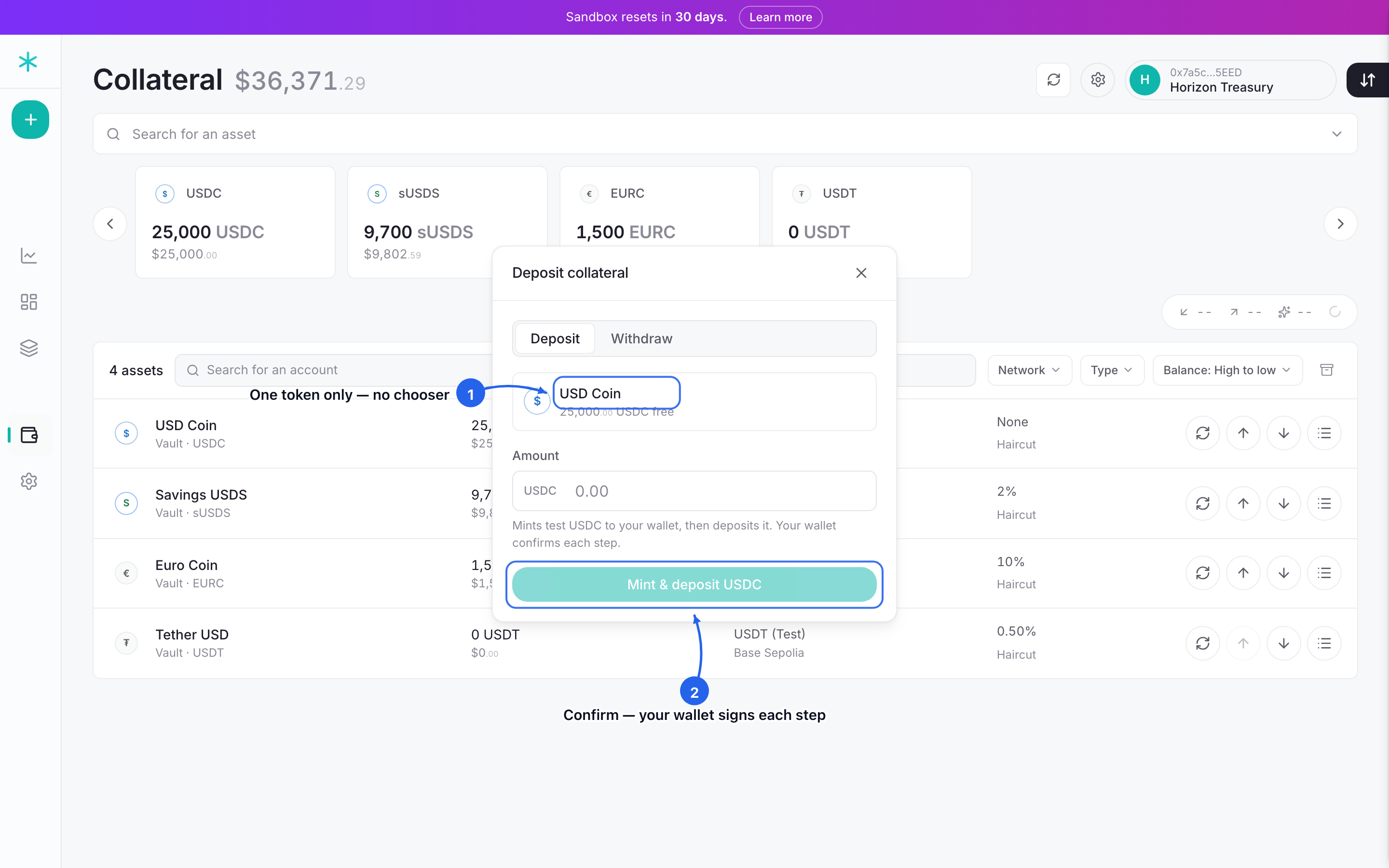 Step 2: the deposit popup, locked to that one token. Enter an amount and confirm; the wallet signs each step.